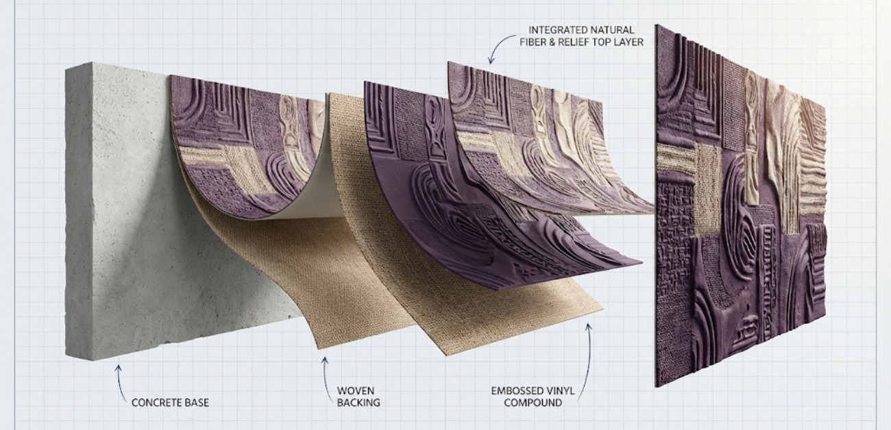 Close-up of fabric-textured wallcovering adding depth and tactile appeal to feature walls