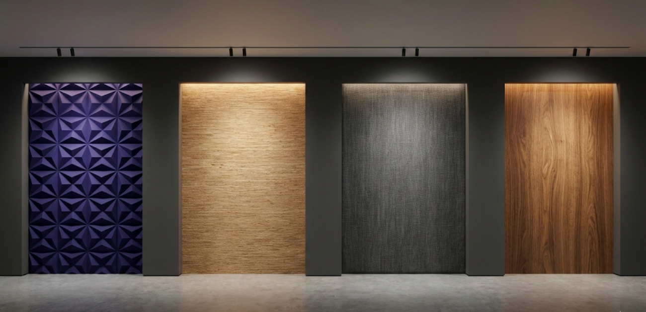 Display of textured wallcovering panels in multiple colours and finishes