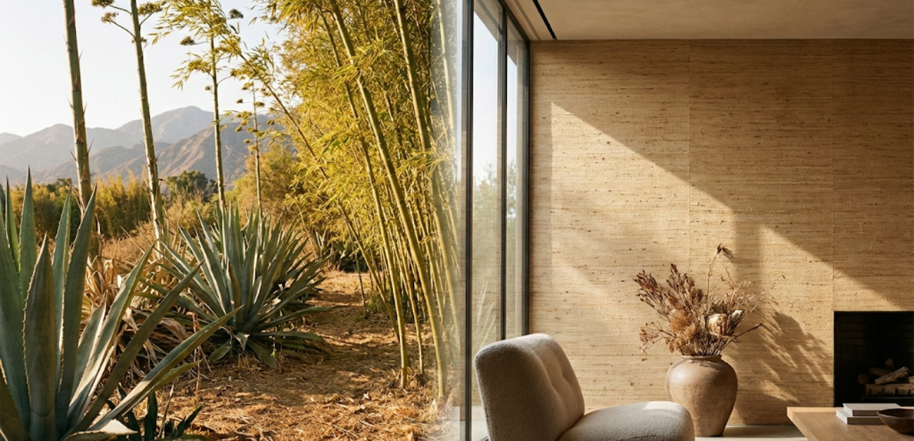 Interior space using textured wallcovering to enhance ambience and visual interest