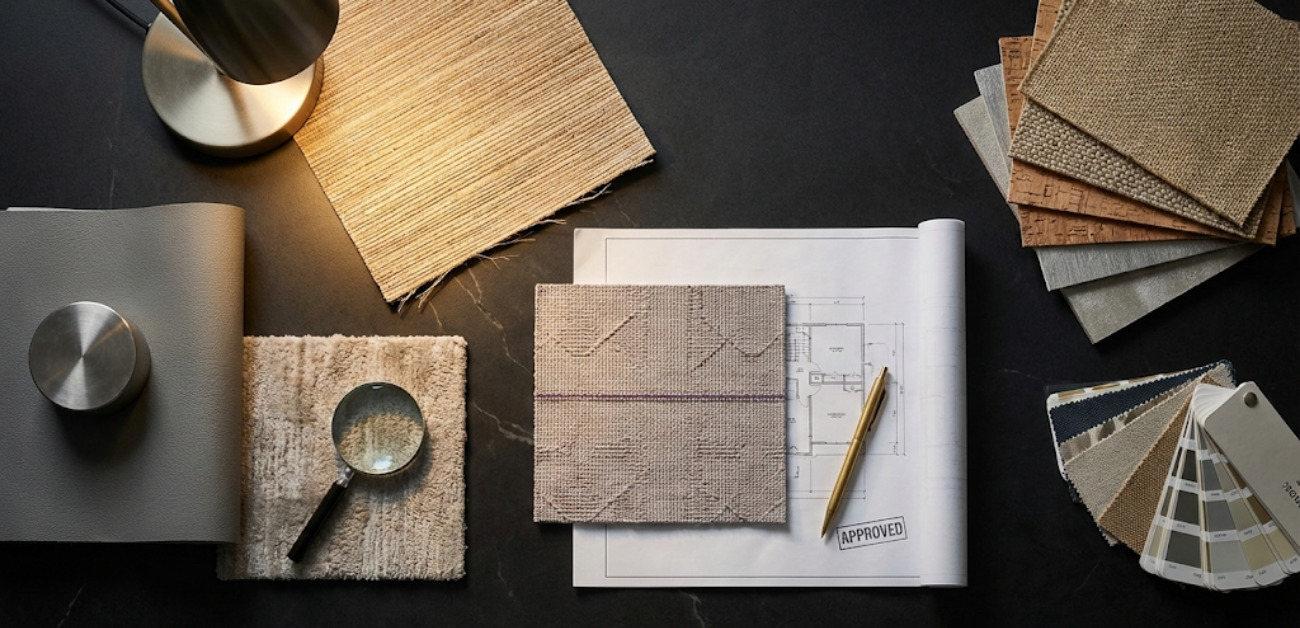 Designer workspace with textured wallcovering materials and finish samples