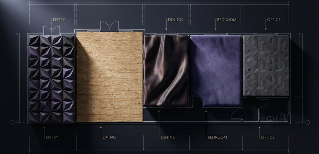Collection of textured wallcovering options for residential and commercial feature walls