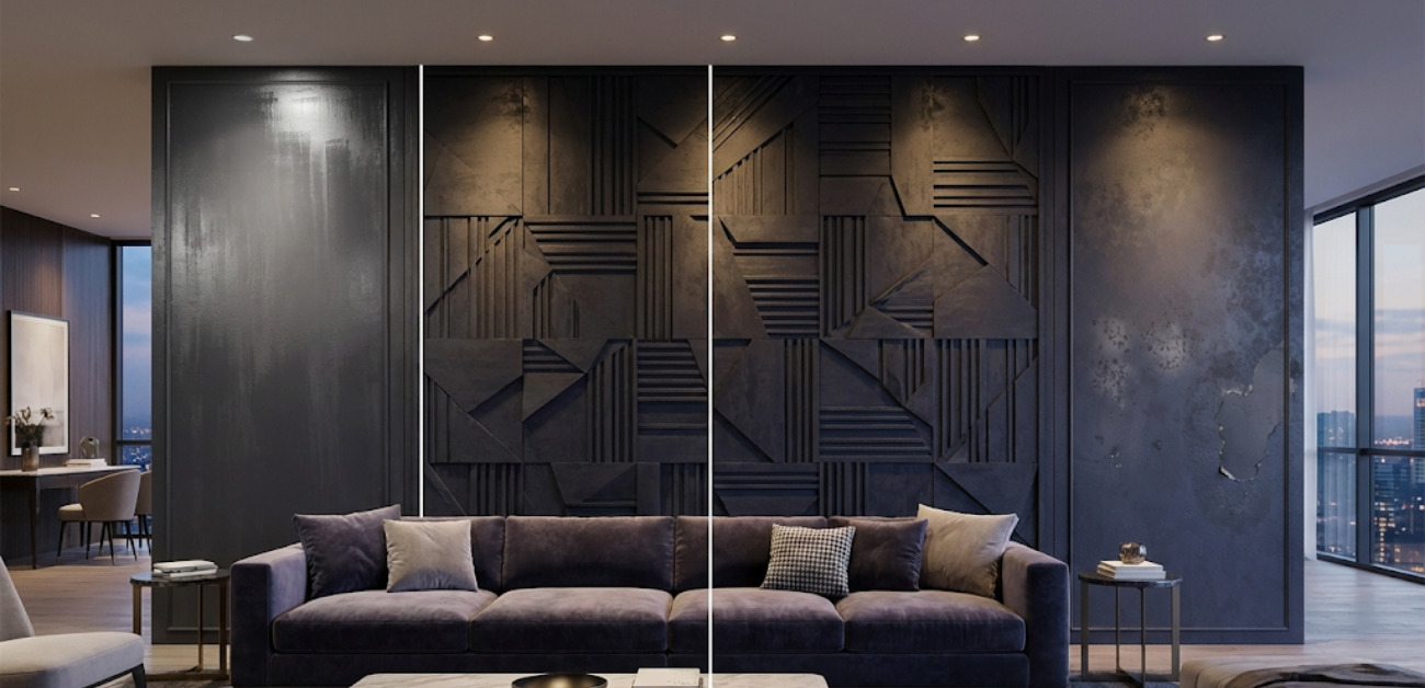 Large-scale interior feature wall finished with textured wallcovering for long-term durability