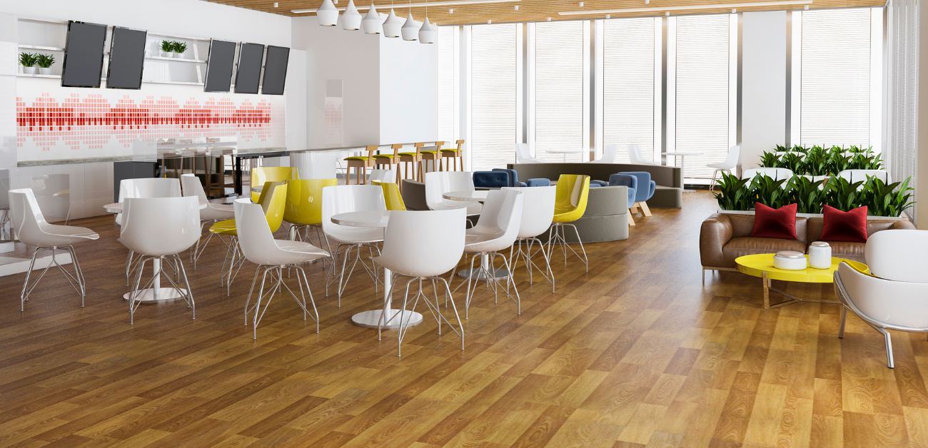 Commercial dining and kitchen transition area with slip-resistant vinyl flooring