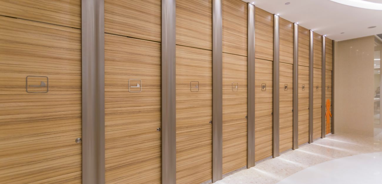 Office corridor with wall-mounted acoustic panels for noise control