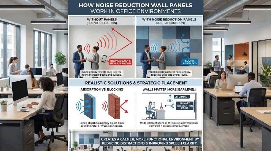 Diagram explaining how acoustic wall panels absorb and reduce office noise