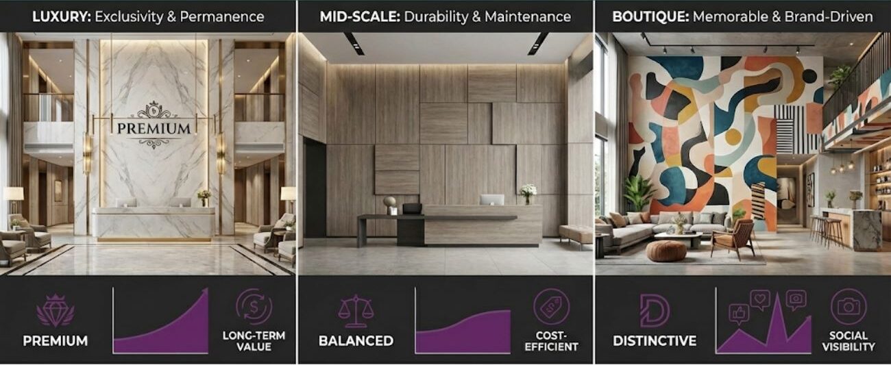 Examples of hotel lobby feature wall materials including wood, stone, and decorative panels