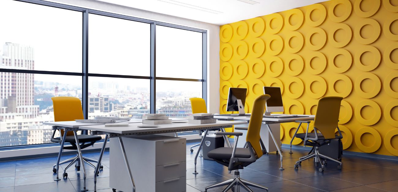 Office interior with acoustic feature wall panels enhancing style and productivity