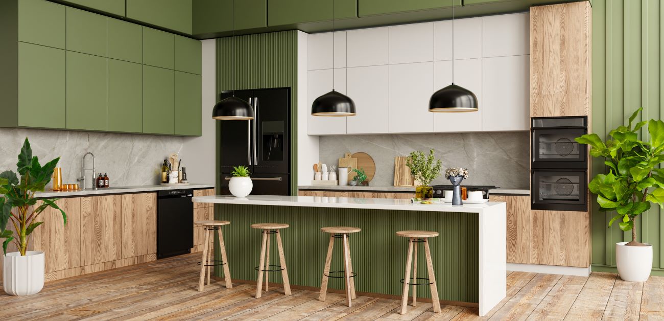 Kitchen space with a functional feature wall combining design and storage elements