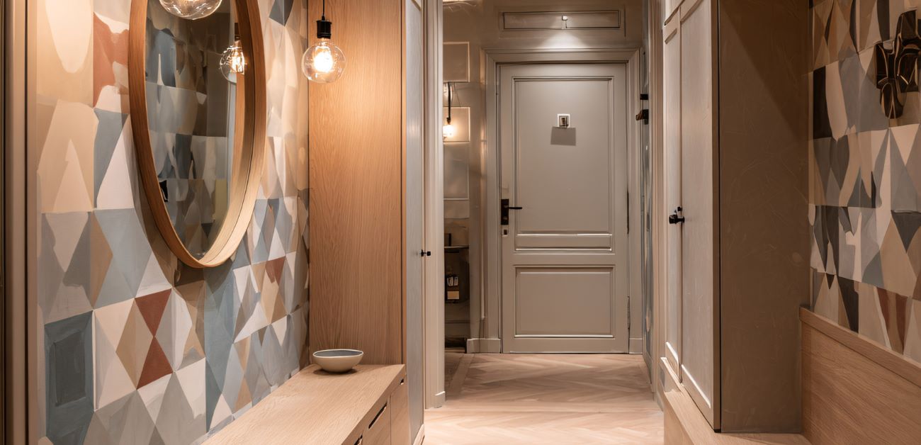 Geometric feature wall design in a residential hallway creating a bold focal point