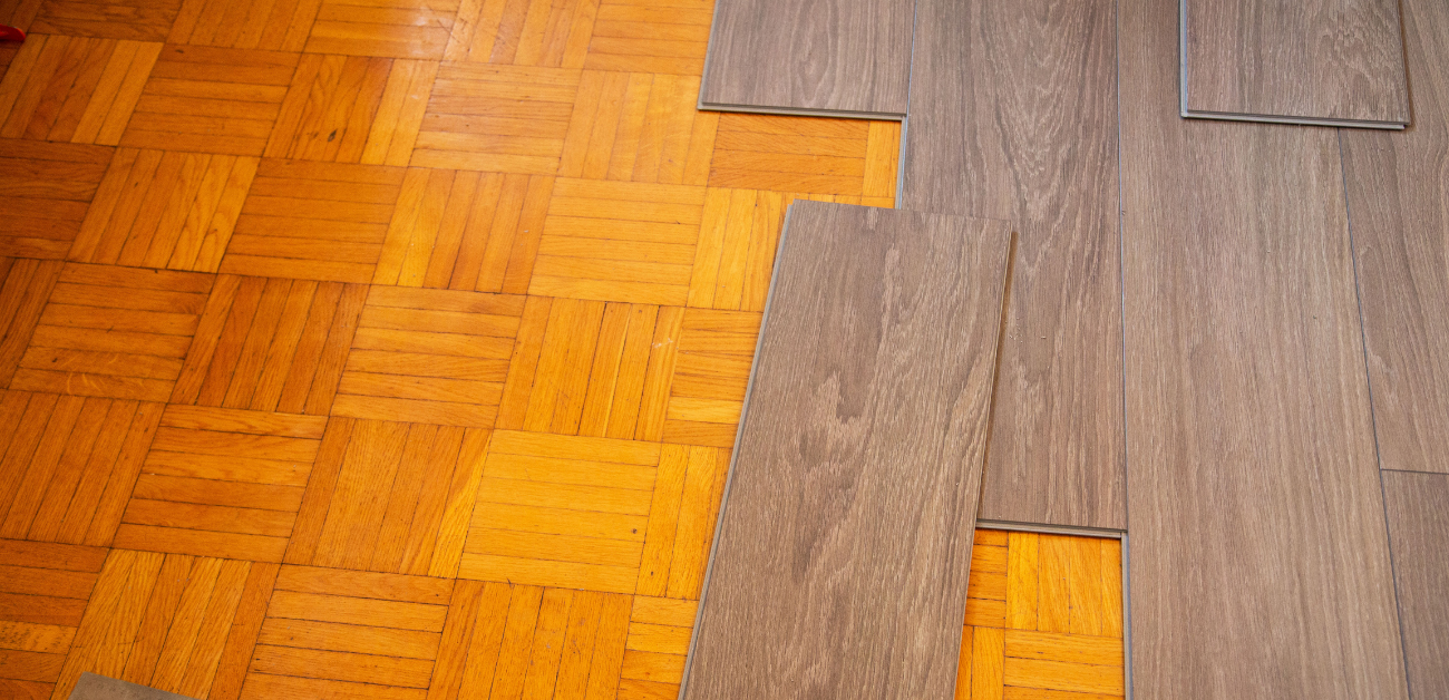 Comparison of vinyl flooring finishes showing color and texture variations for office interiors