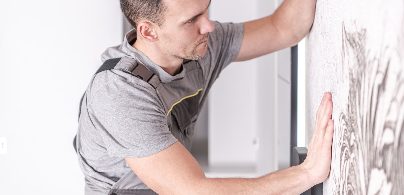 Expert wallpaper installation process showing precision alignment and smoothing