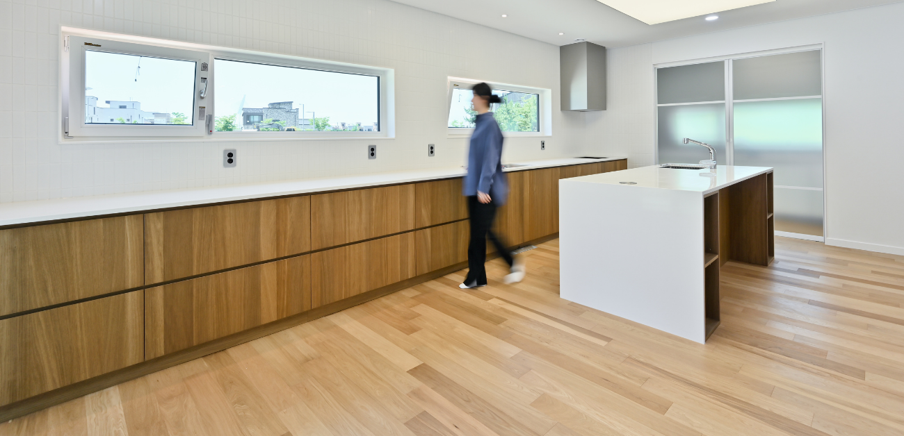 Commercial kitchen interior with slip-resistant vinyl flooring for high-traffic food prep areas