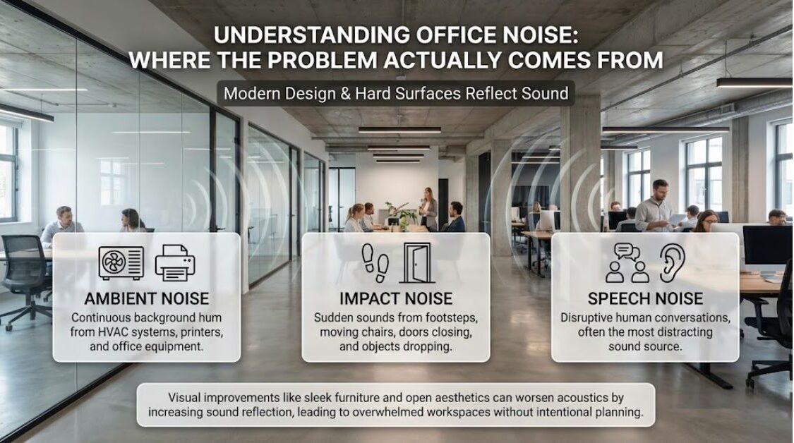 Open office workspace with acoustic wall panels improving speech clarity and focus
