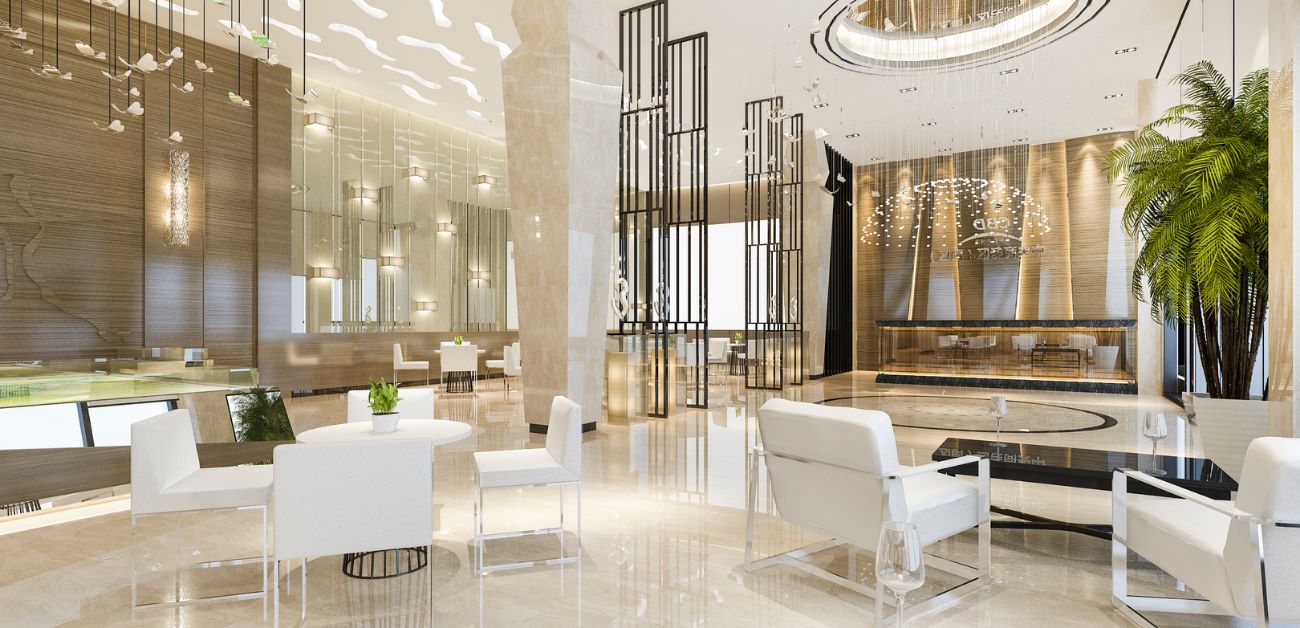 Elegant hotel lobby seating area with feature wall materials enhancing guest experience