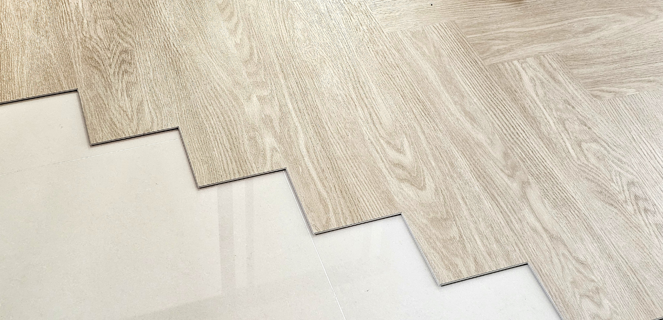 Close-up of wood-look contract grade vinyl flooring planks used in office environments