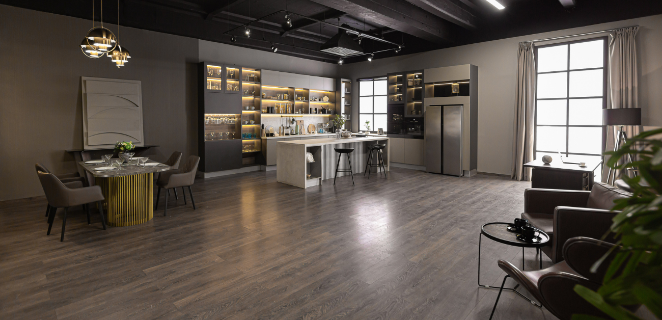 Industrial kitchen workspace featuring durable vinyl flooring with enhanced slip resistance