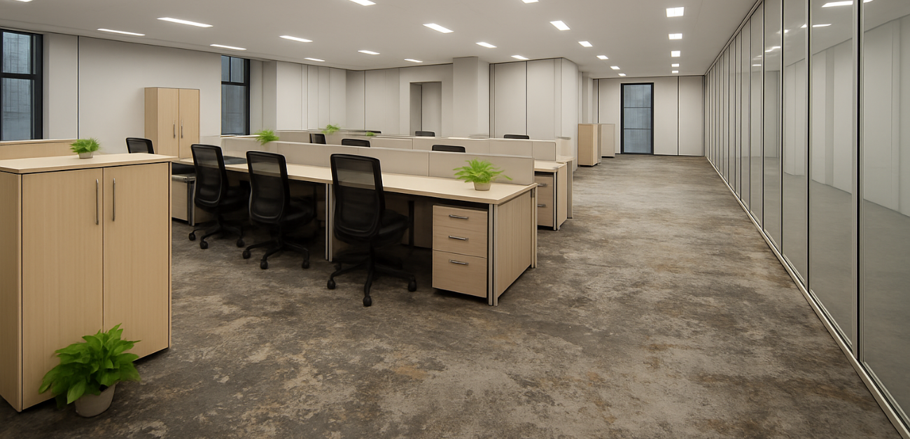 Open-plan office with durable vinyl flooring supporting long-term workplace performance
