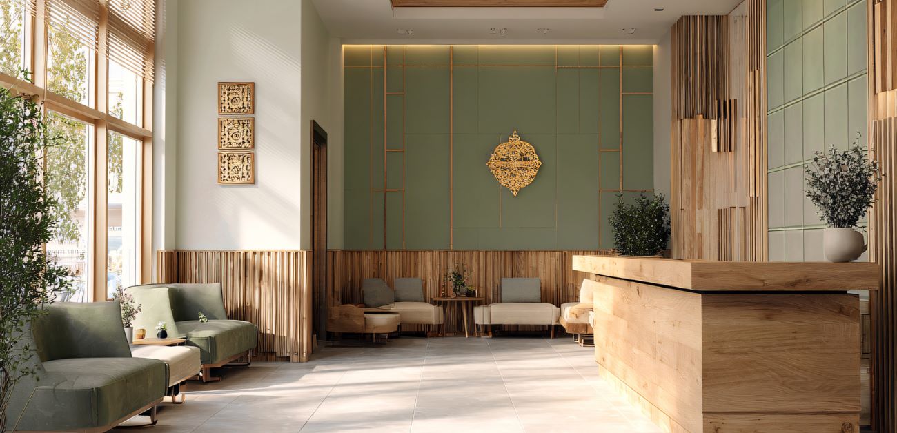 Contemporary hotel lobby feature wall with layered materials and warm finishes