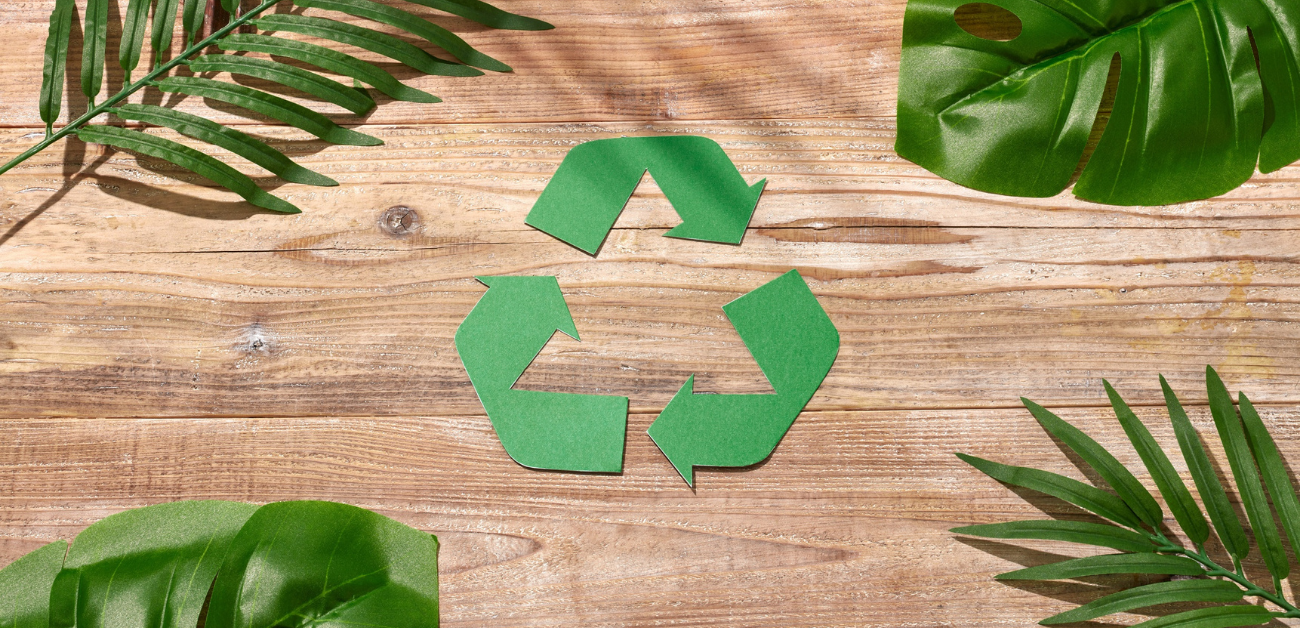 Recycling symbol on vinyl flooring representing recycled material content