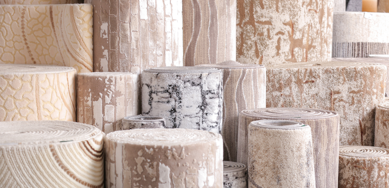 Stacked rolls of hotel carpet prepared for large-scale supply and installation