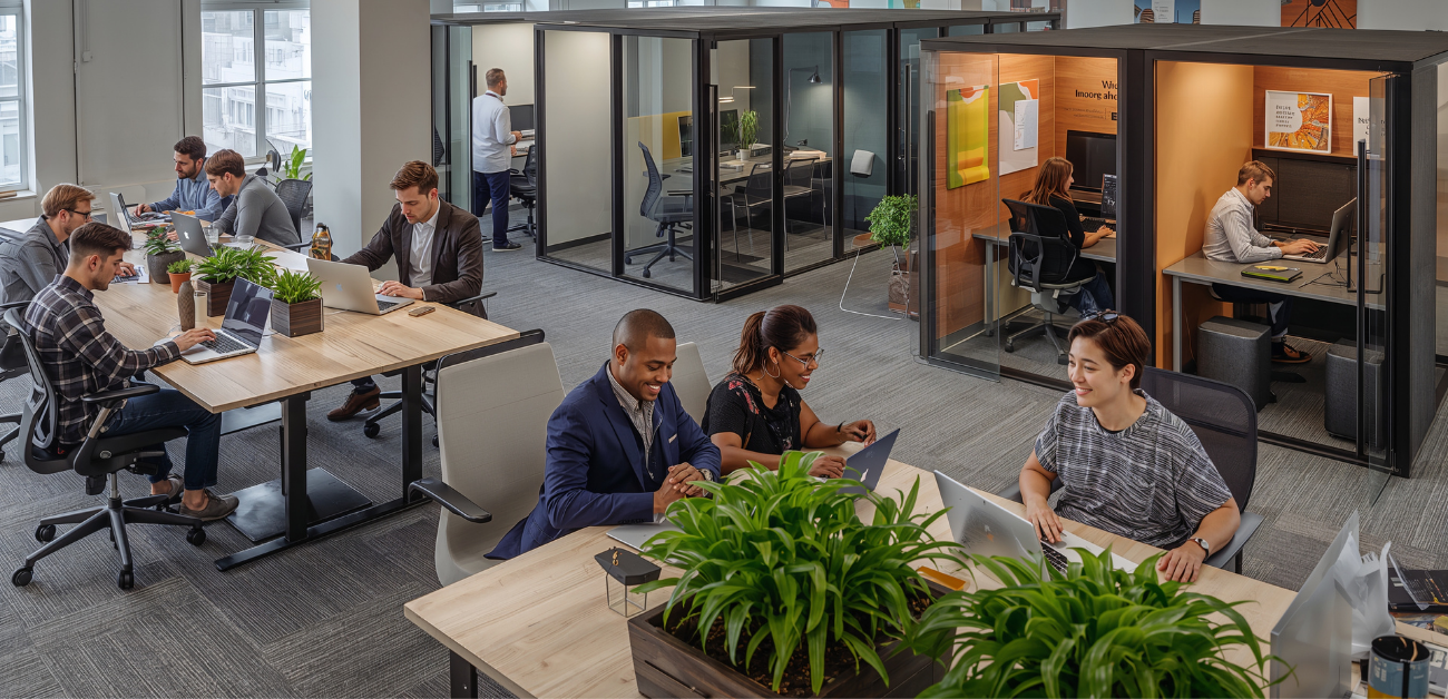 Collaborative workspace with low-maintenance carpet enhancing comfort and durability