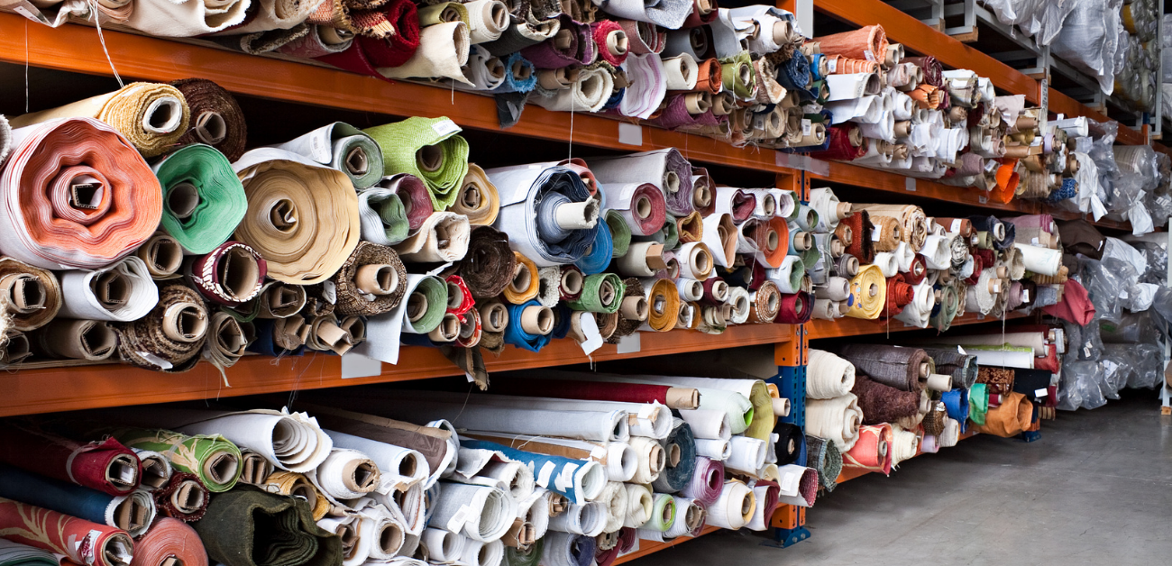 Upholstery fabric inventory showcasing a wide range of sustainable materials