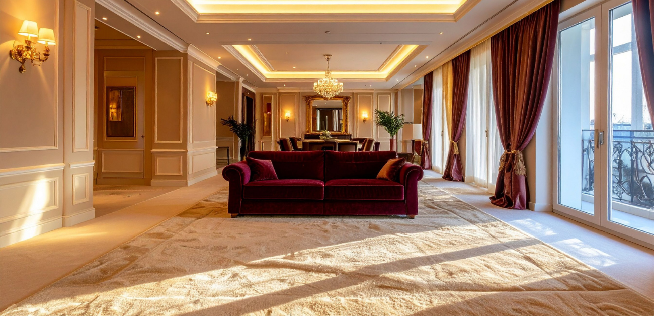 Luxury hotel lobby with heavy-duty carpet flooring installed for long-term performance