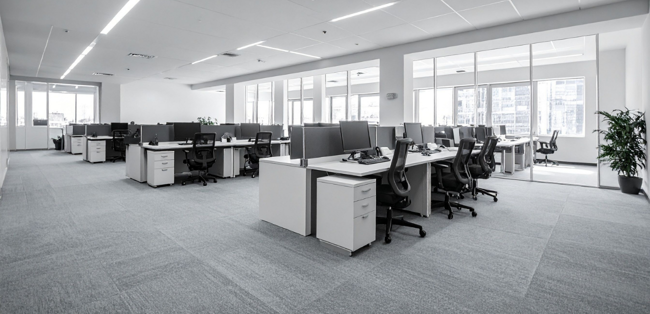 Large open-plan office using durable carpet flooring for long-term efficiency