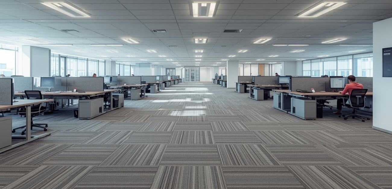 Wide office floor layout using modular carpet tiles for easy maintenance