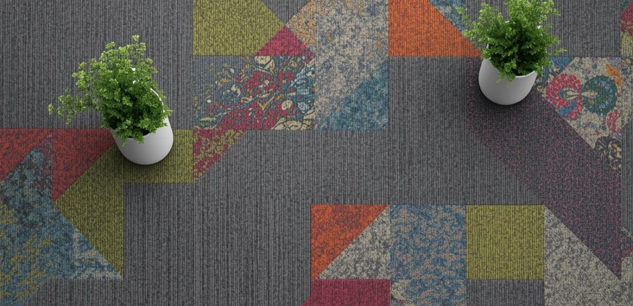 Patterned low-maintenance carpet tiles designed to hide dirt and wear