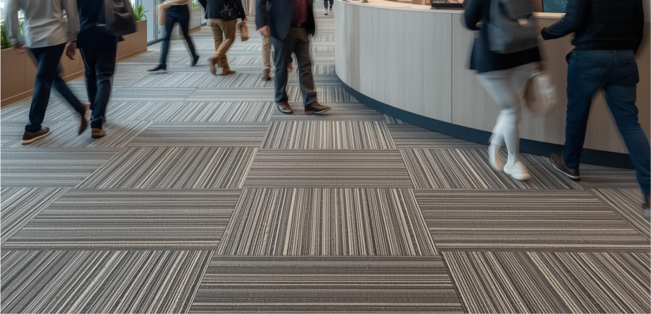 High-traffic office walkway with low-maintenance carpet resisting wear