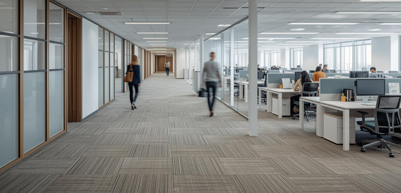 Office corridor with carpet tiles that resist odours and support daily foot traffic