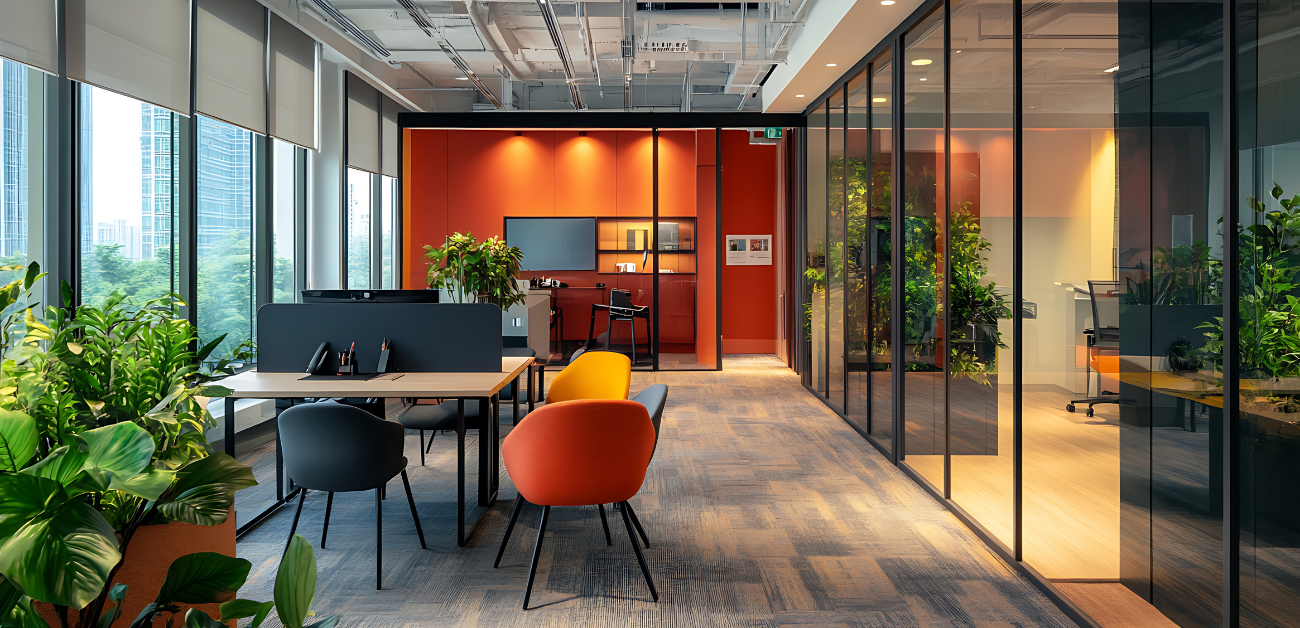 Contemporary office breakout space featuring durable, easy-to-clean carpet