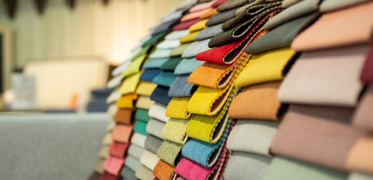 Upholstery fabric swatch library used to evaluate sustainable material options