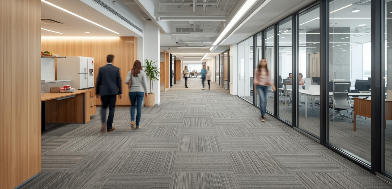 High-traffic office area showcasing durable, odour-free carpet tile flooring
