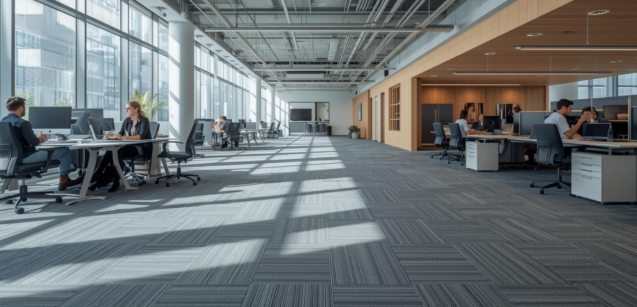 Contemporary workplace using odour-free carpet tiles for long-term comfort