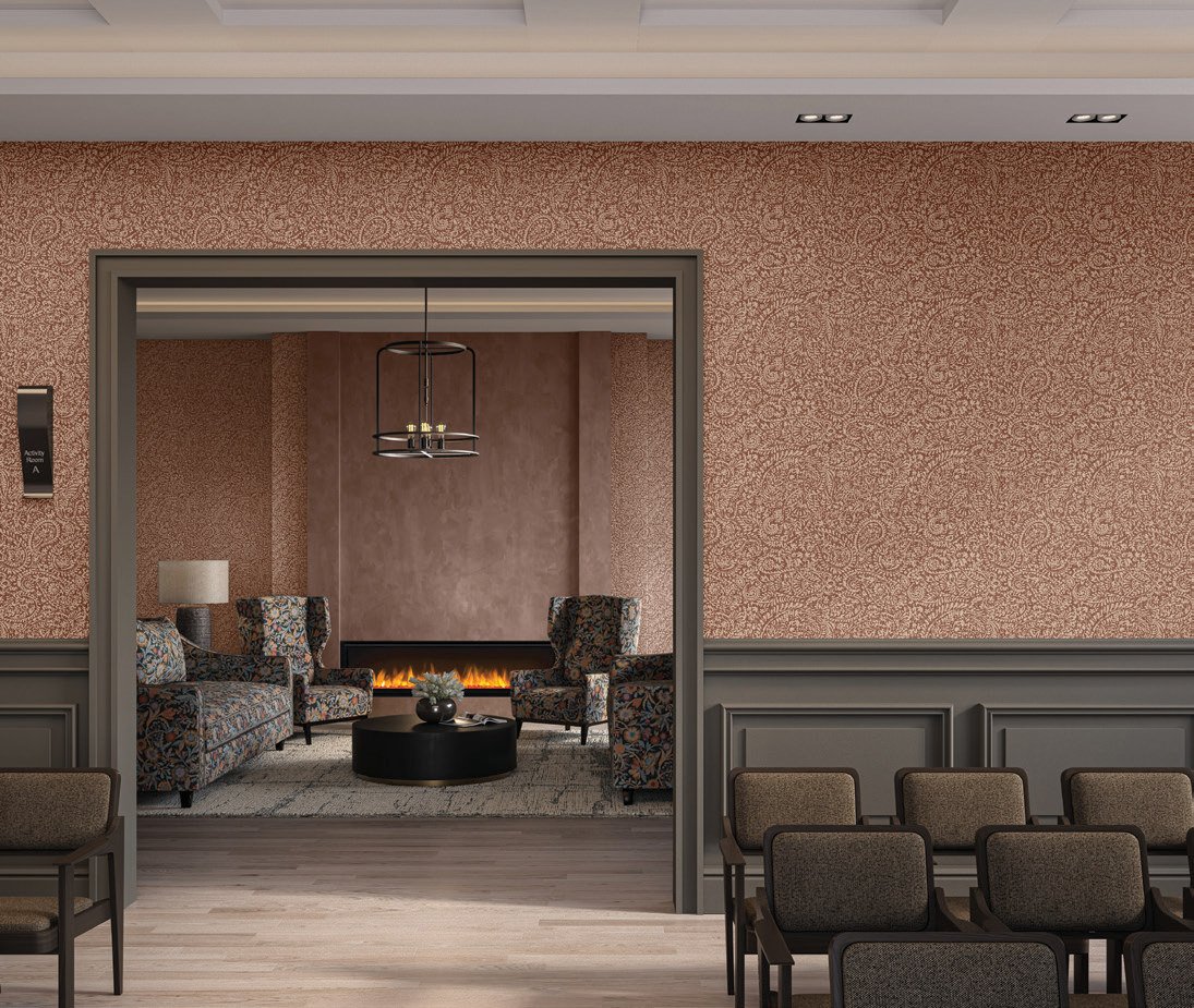 Hospitality lobby with fireplace showcasing integrated Goodrich surface materials