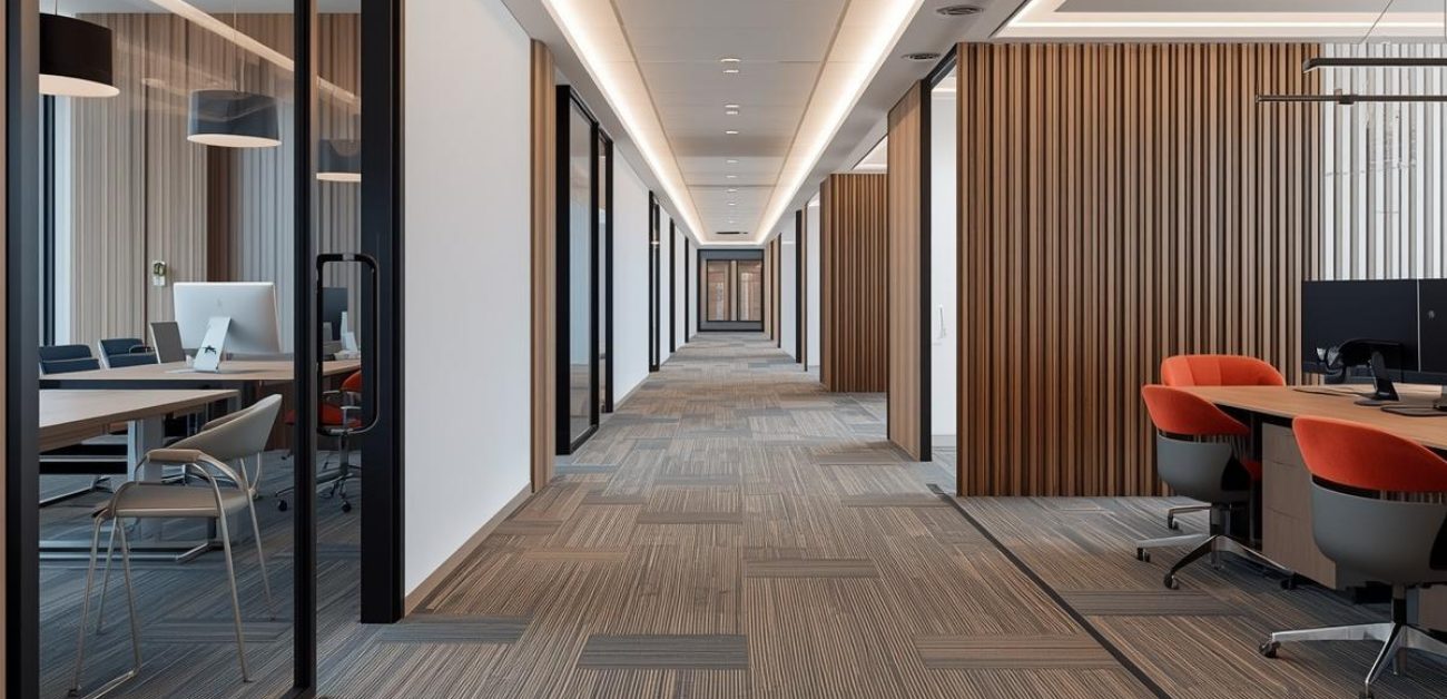 Modern office interior with low-maintenance carpet flooring designed for long-term performance
